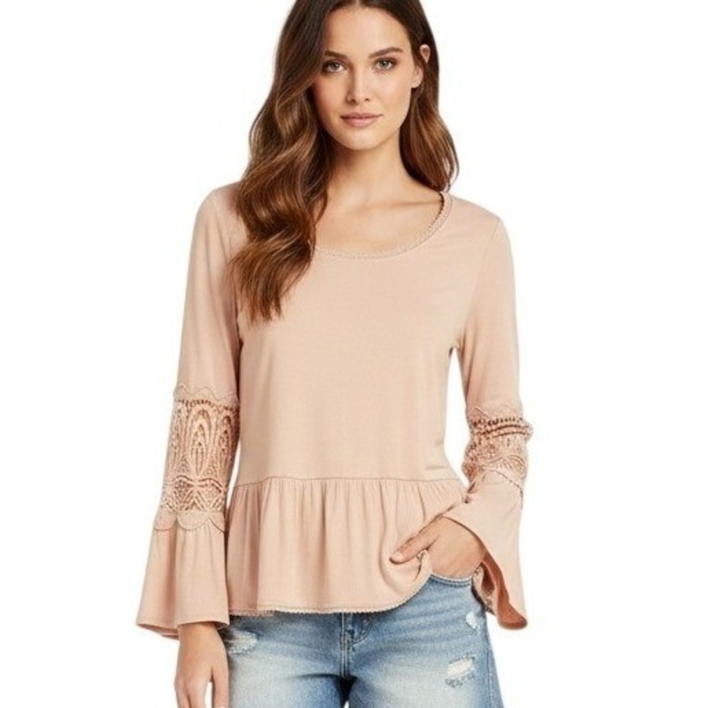 JOIE Peach Crochet Lace Sleeve Peplum Blouse Boho Top Size Small $220